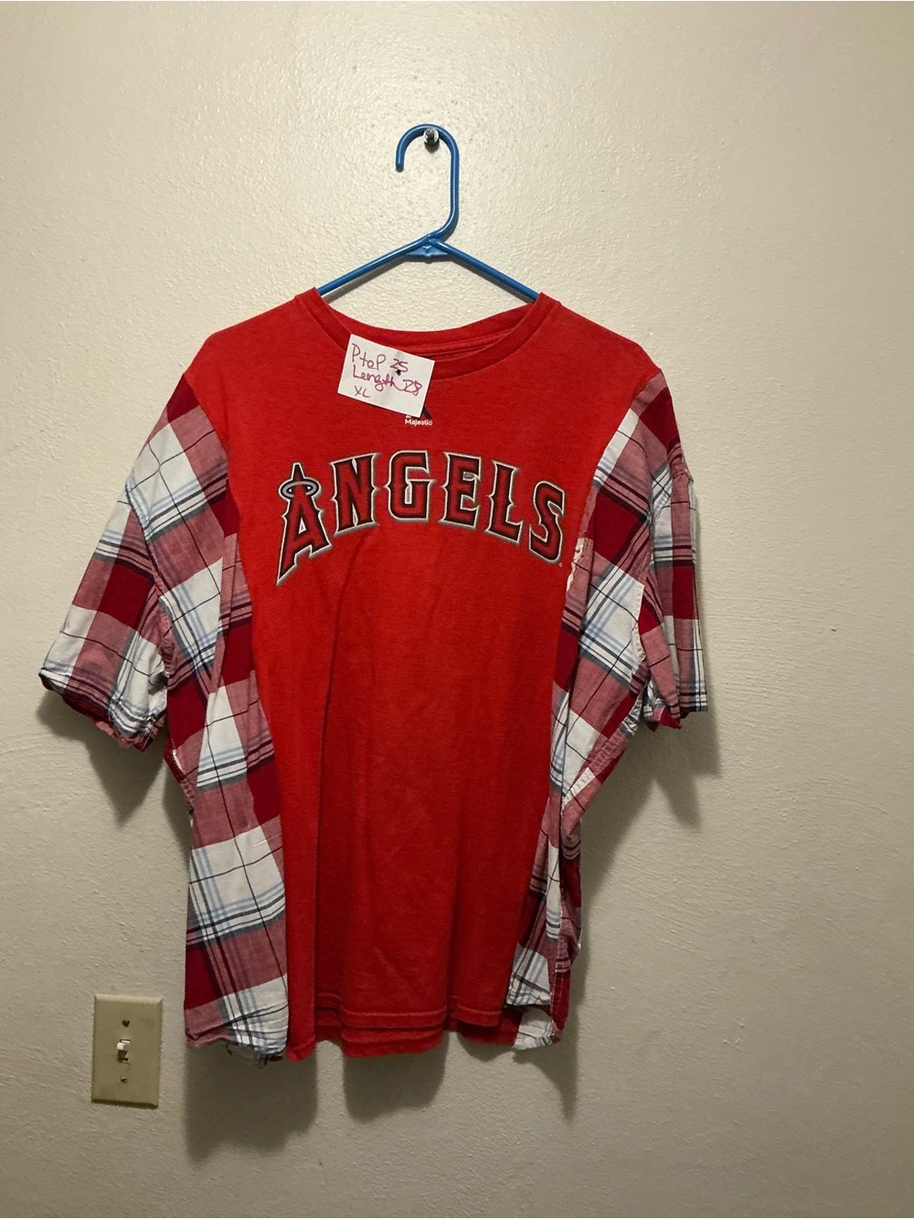Upcycled LA Angels Baseball Tee Women’s XL Red Plaid Sleeves Raw Hem
